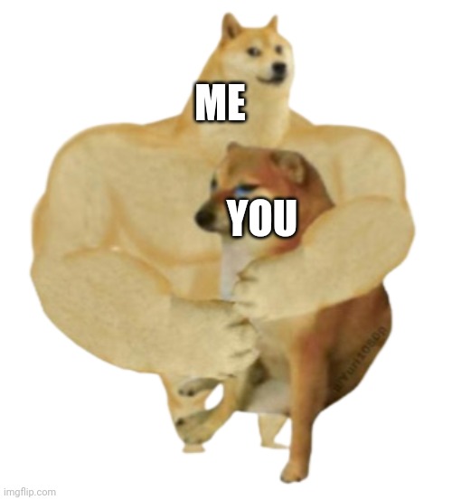  ME; YOU | image tagged in buff doge hugs cheems transparent | made w/ Imgflip meme maker