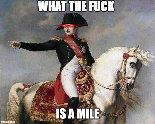 Napoleon Bonaparte | WHAT THE FUCK IS A MILE | image tagged in napoleon bonaparte | made w/ Imgflip meme maker