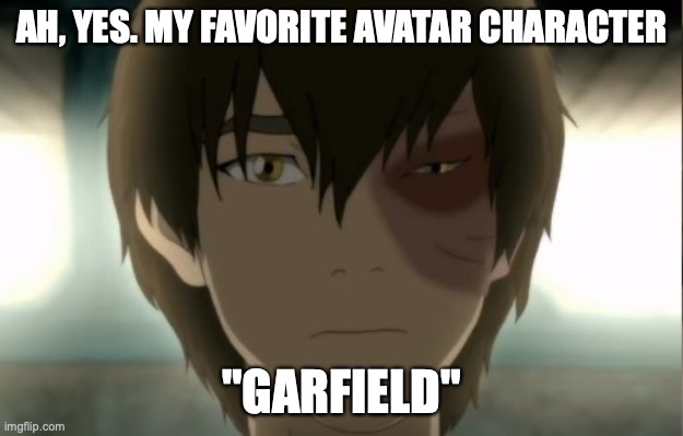 My favorite Avatar Character | AH, YES. MY FAVORITE AVATAR CHARACTER; "GARFIELD" | image tagged in zuko feelings hurt | made w/ Imgflip meme maker