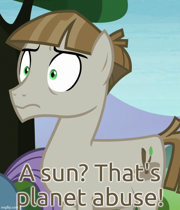 Shocked Mudbriar (MLP) | A sun? That's planet abuse! | image tagged in shocked mudbriar mlp | made w/ Imgflip meme maker