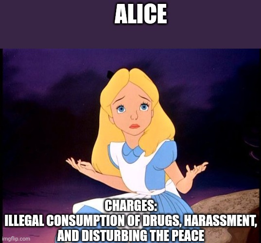 Blondes be like | ALICE; CHARGES:
ILLEGAL CONSUMPTION OF DRUGS, HARASSMENT, AND DISTURBING THE PEACE | image tagged in alice in wonderland | made w/ Imgflip meme maker