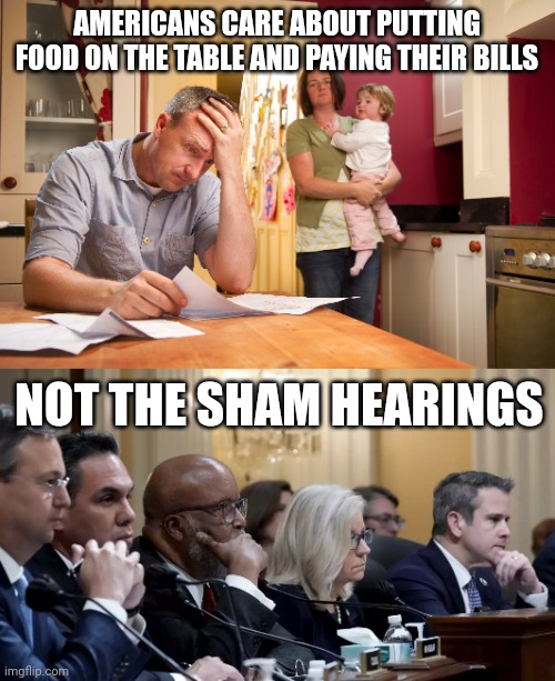 What Americans really care about. | AMERICANS CARE ABOUT PUTTING FOOD ON THE TABLE AND PAYING THEIR BILLS; NOT THE SHAM HEARINGS | image tagged in memes | made w/ Imgflip meme maker