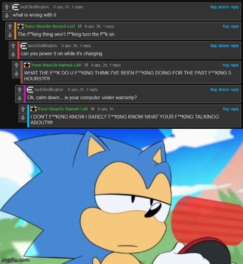 trying to talk to this guy about his computer not working, and he's giving me a hard time | image tagged in sonic unamused | made w/ Imgflip meme maker