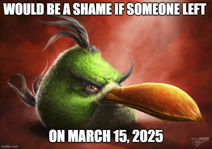 Realistic Angry Bird | WOULD BE A SHAME IF SOMEONE LEFT; ON MARCH 15, 2025 | image tagged in realistic angry bird | made w/ Imgflip meme maker