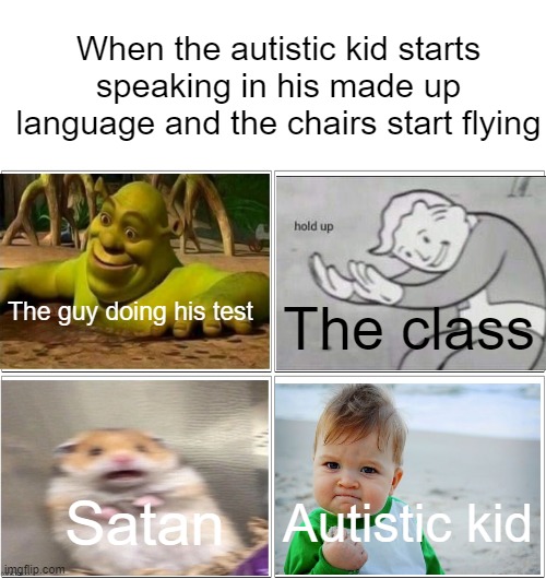 When the autistic kid starts speaking in his made up language and the chairs start flying; The guy doing his test; The class; Satan; Autistic kid | image tagged in memes,blank comic panel 2x2 | made w/ Imgflip meme maker