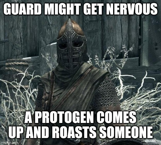 SkyrimGuard | GUARD MIGHT GET NERVOUS A PROTOGEN COMES UP AND ROASTS SOMEONE | image tagged in skyrimguard | made w/ Imgflip meme maker