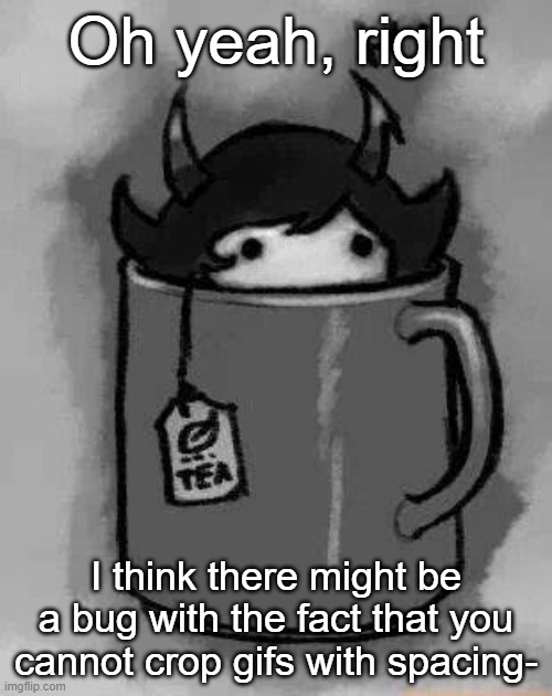 Maybe that could be fixed, if it's not a bother | Oh yeah, right; I think there might be a bug with the fact that you cannot crop gifs with spacing- | image tagged in kanaya in my tea | made w/ Imgflip meme maker