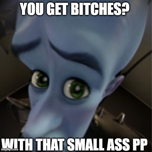 Megamind peeking | YOU GET BITCHES? WITH THAT SMALL ASS PP | image tagged in megamind peeking | made w/ Imgflip meme maker