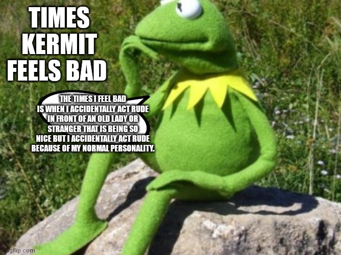 We all have those moments Kermit | TIMES KERMIT FEELS BAD; THE TIMES I FEEL BAD IS WHEN I ACCIDENTALLY ACT RUDE IN FRONT OF AN OLD LADY OR STRANGER THAT IS BEING SO NICE BUT I ACCIDENTALLY ACT RUDE BECAUSE OF MY NORMAL PERSONALITY. | image tagged in some times i wonder,funny memes | made w/ Imgflip meme maker