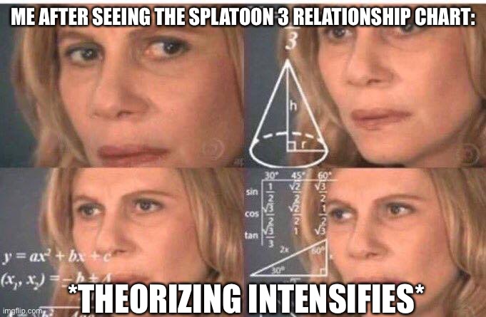 It’s all just a theory, A GAME THEORY- | ME AFTER SEEING THE SPLATOON 3 RELATIONSHIP CHART:; *THEORIZING INTENSIFIES* | image tagged in math lady/confused lady | made w/ Imgflip meme maker