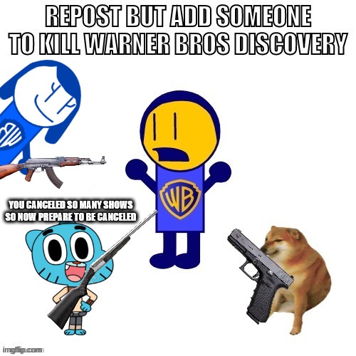 a logohuman shooting a logohuman. | image tagged in memes,funny,repost,warner bros discovery,gun,logohumans | made w/ Imgflip meme maker