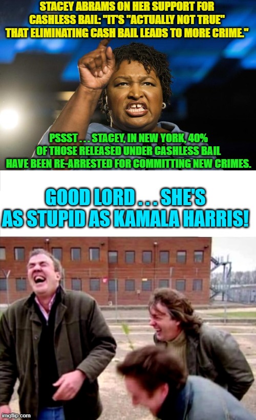 Where does the Dem Party get these utterly stupid politicians? | STACEY ABRAMS ON HER SUPPORT FOR CASHLESS BAIL: "IT'S "ACTUALLY NOT TRUE" THAT ELIMINATING CASH BAIL LEADS TO MORE CRIME."; PSSST . . . STACEY, IN NEW YORK, 40% OF THOSE RELEASED UNDER CASHLESS BAIL HAVE BEEN RE-ARRESTED FOR COMMITTING NEW CRIMES. GOOD LORD . . . SHE'S AS STUPID AS KAMALA HARRIS! | image tagged in stupid | made w/ Imgflip meme maker