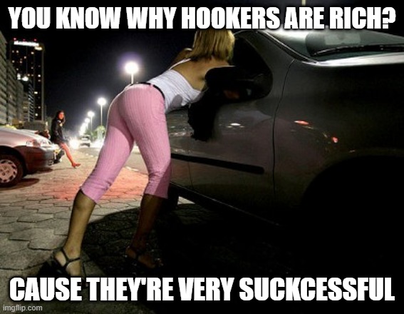 $$$ | YOU KNOW WHY HOOKERS ARE RICH? CAUSE THEY'RE VERY SUCKCESSFUL | image tagged in hooker | made w/ Imgflip meme maker