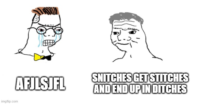 AFJLSJFL SNITCHES GET STITCHES AND END UP IN DITCHES | image tagged in nooo haha go brrr | made w/ Imgflip meme maker