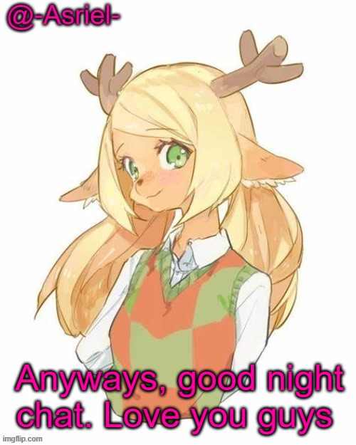 Nice seeing bombhands again after a while ^^ | Anyways, good night chat. Love you guys | image tagged in asriel's noelle temp yet again | made w/ Imgflip meme maker