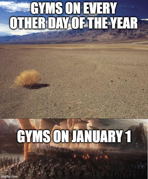 GYMS ON EVERY OTHER DAY OF THE YEAR; GYMS ON JANUARY 1 | image tagged in desert tumbleweed,avengers assemble | made w/ Imgflip meme maker
