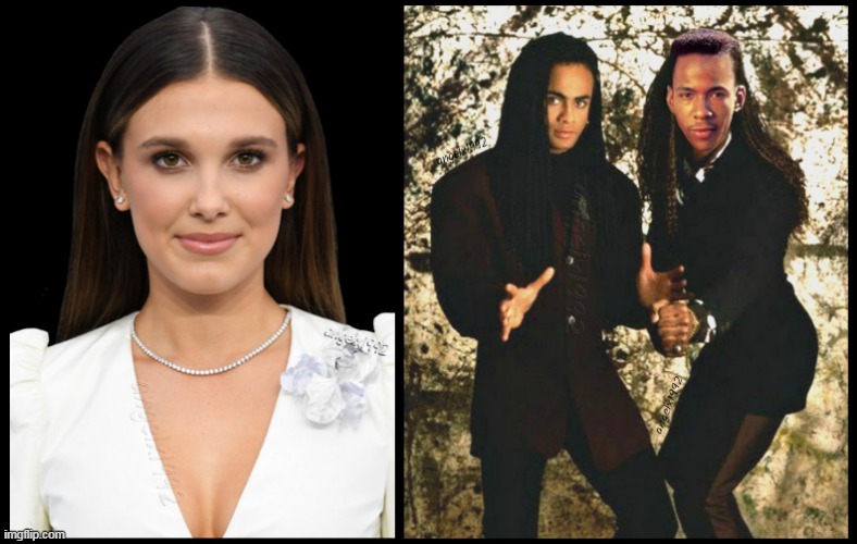 image tagged in milli vanilli,bobby brown,millie bobby brown,90s music,80s music,actress | made w/ Imgflip meme maker