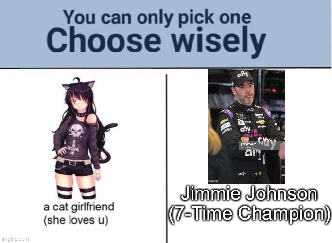 JIMMAY | Jimmie Johnson
(7-Time Champion) | image tagged in choose wisely,memes,jimmie johnson,nascar,indycar,funny | made w/ Imgflip meme maker