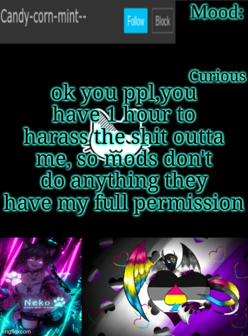 Candy-corn_mint--'s temp | Curious; ok you ppl,you have 1 hour to harass the shit outta me, so mods don't do anything they have my full permission | image tagged in candy-corn_mint--'s temp | made w/ Imgflip meme maker