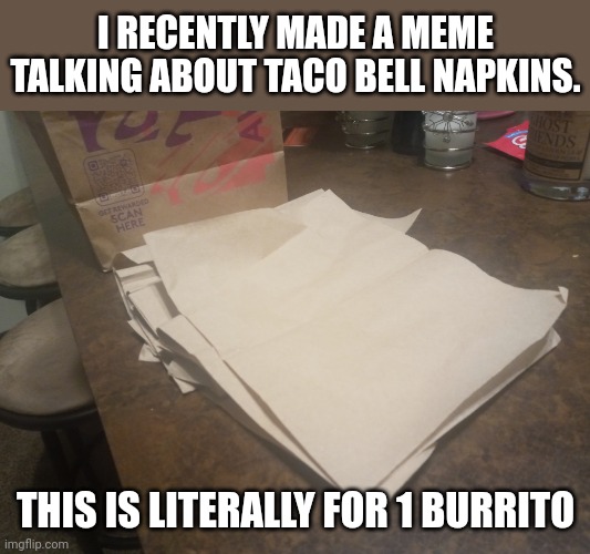 I RECENTLY MADE A MEME TALKING ABOUT TACO BELL NAPKINS. THIS IS LITERALLY FOR 1 BURRITO | image tagged in taco bell,paper towels | made w/ Imgflip meme maker