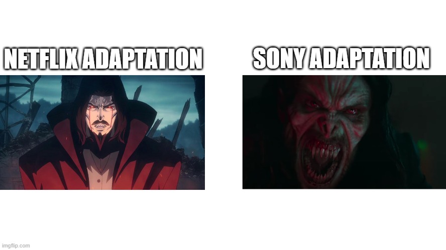 Dracula/Morbius, At least his design would be good enough for live action Dracula. | SONY ADAPTATION; NETFLIX ADAPTATION | image tagged in castlevania,morbius,dracula | made w/ Imgflip meme maker