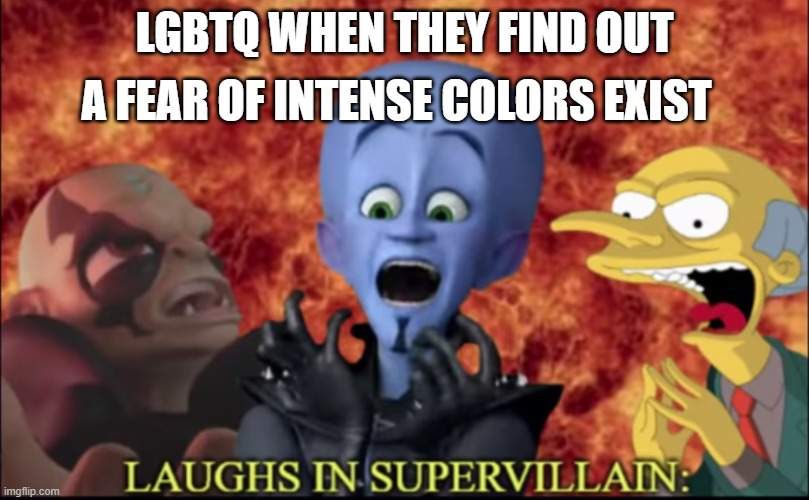 Chromophobia i think (not meant to offend anyone, if it does sowwy ;-;) | A FEAR OF INTENSE COLORS EXIST; LGBTQ WHEN THEY FIND OUT | image tagged in laughs in super villain | made w/ Imgflip meme maker