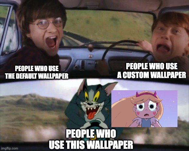 Tom chasing Harry and Ron Weasly | PEOPLE WHO USE A CUSTOM WALLPAPER; PEOPLE WHO USE THE DEFAULT WALLPAPER; PEOPLE WHO USE THIS WALLPAPER | image tagged in tom chasing harry and ron weasly,memes,svtfoe,star vs the forces of evil,wallpapers,os | made w/ Imgflip meme maker