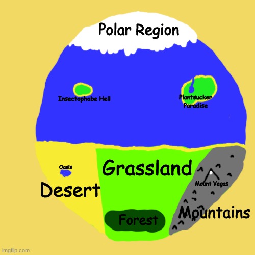 A cave the size of South America turned to a whole mini world, with a giant ball of magma serving as the sun | Polar Region; Insectophobe Hell; Plantsucker Paradise; Oasis; Grassland; Desert; Mount Vegas; Mountains; Forest | made w/ Imgflip meme maker