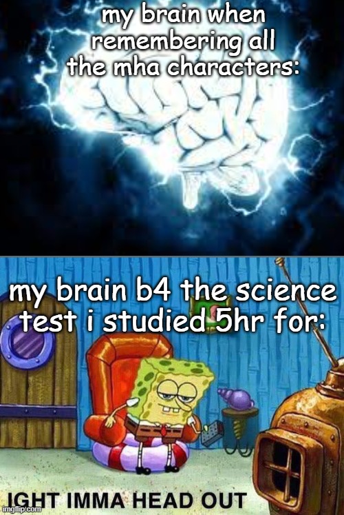 so tru tho | my brain when remembering all the mha characters:; my brain b4 the science test i studied 5hr for: | image tagged in imma head out | made w/ Imgflip meme maker