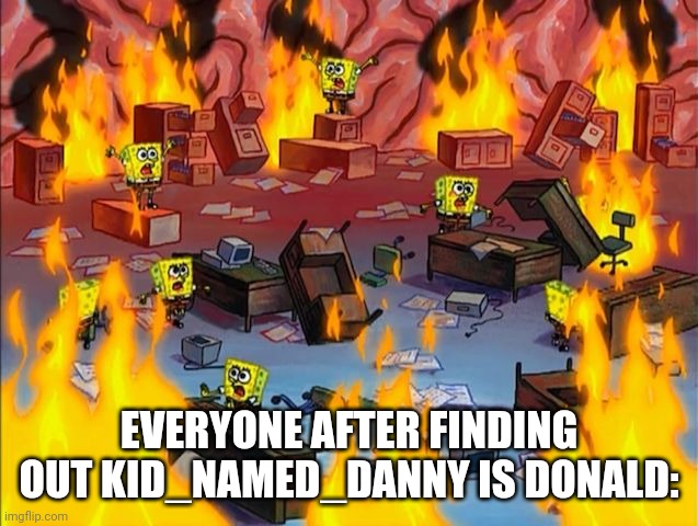 spongebob fire | EVERYONE AFTER FINDING OUT KID_NAMED_DANNY IS DONALD: | image tagged in spongebob fire | made w/ Imgflip meme maker