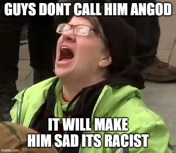 Crying liberal | GUYS DONT CALL HIM ANGOD; IT WILL MAKE HIM SAD ITS RACIST | image tagged in crying liberal | made w/ Imgflip meme maker