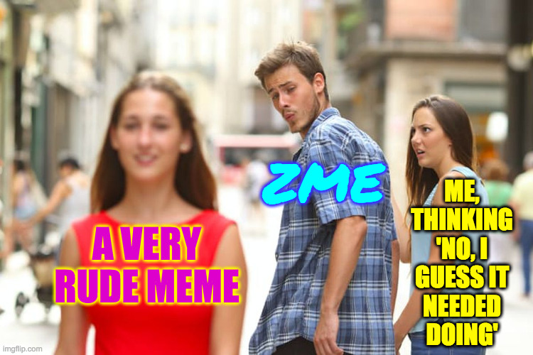 Distracted Boyfriend Meme | A VERY RUDE MEME ZME ME,
THINKING
'NO, I
GUESS IT
NEEDED
DOING' | image tagged in memes,distracted boyfriend | made w/ Imgflip meme maker