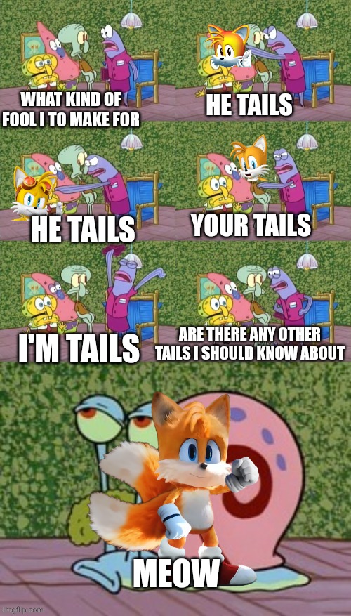 I'm tails!!!!! | WHAT KIND OF FOOL I TO MAKE FOR; HE TAILS; YOUR TAILS; HE TAILS; I'M TAILS; ARE THERE ANY OTHER TAILS I SHOULD KNOW ABOUT; MEOW | image tagged in he's squidward your squidward i'm squidward meme,tails the fox,sonic the hedgehog,spongebob squarepants,memes,i'm squidward | made w/ Imgflip meme maker
