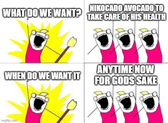 Nikocado is a great guy but he could die at a young age just because he traded health for wealth | WHAT DO WE WANT? NIKOCADO AVOCADO TO TAKE CARE OF HIS HEALTH; ANYTIME NOW FOR GODS SAKE; WHEN DO WE WANT IT | image tagged in memes,what do we want | made w/ Imgflip meme maker