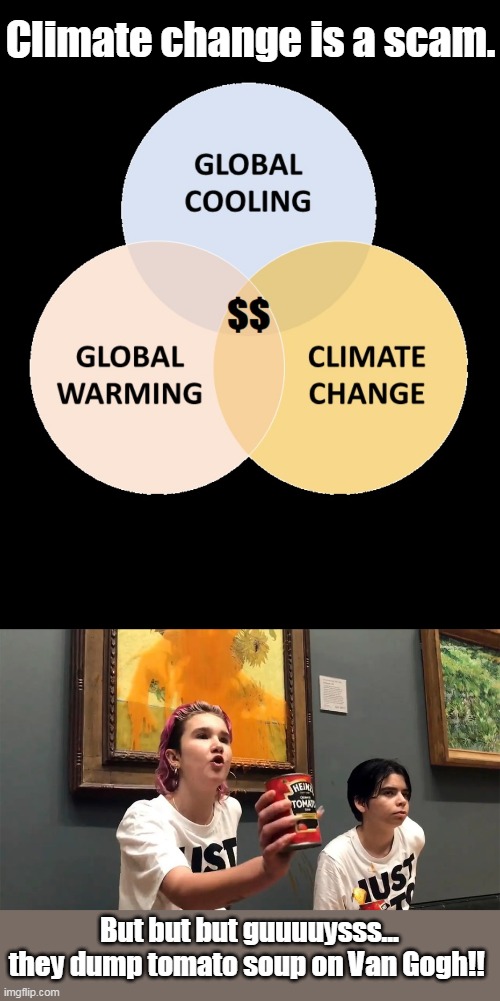 If we don't vote Dem and give them our money to stop climate change... Mona Lisa is next! | Climate change is a scam. But but but guuuuysss... they dump tomato soup on Van Gogh!! | image tagged in climate change,democrats,left,liberals,global warming,van gogh | made w/ Imgflip meme maker