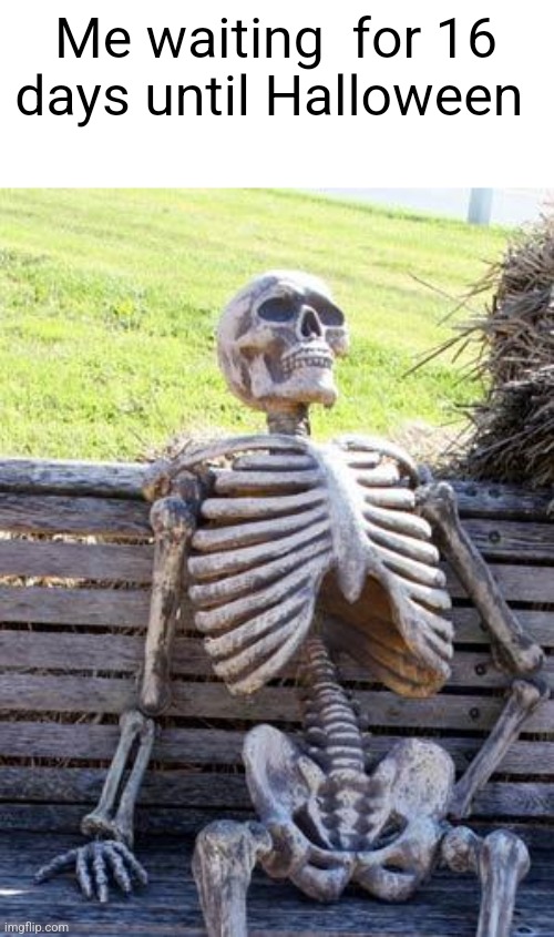 Waiting Skeleton Meme | Me waiting  for 16 days until Halloween | image tagged in memes,waiting skeleton | made w/ Imgflip meme maker