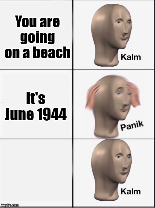 Reverse kalm panik | You are going on a beach It's June 1944 | image tagged in reverse kalm panik | made w/ Imgflip meme maker