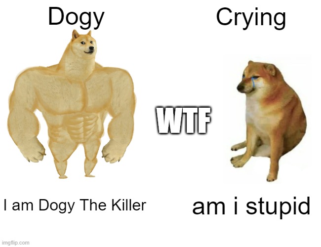 Buff Doge vs. Cheems | Dogy; Crying; WTF; I am Dogy The Killer; am i stupid | image tagged in memes,buff doge vs cheems | made w/ Imgflip meme maker