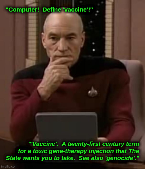 Computer!  Define "vaccine"! |  "Computer!  Define 'vaccine'!"; "'Vaccine'.  A twenty-first century term
for a toxic gene-therapy injection that The
State wants you to take.  See also 'genocide'." | image tagged in picard,democrats,liberals,covid,vaccine,cdc | made w/ Imgflip meme maker