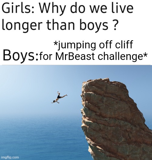 *jumping off cliff for MrBeast challenge* | image tagged in why do we live longer than boys | made w/ Imgflip meme maker