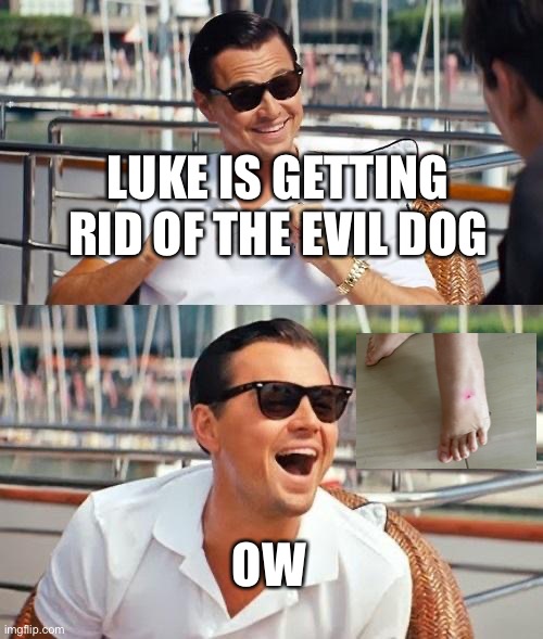 Leonardo Dicaprio Wolf Of Wall Street | LUKE IS GETTING RID OF THE EVIL DOG; OW | image tagged in memes,leonardo dicaprio wolf of wall street | made w/ Imgflip meme maker