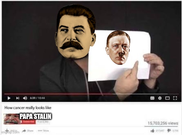 Adolf Is a cancer! | PAPA STALIN | image tagged in how cancer really looks like,cancer,hitler,stalin | made w/ Imgflip meme maker