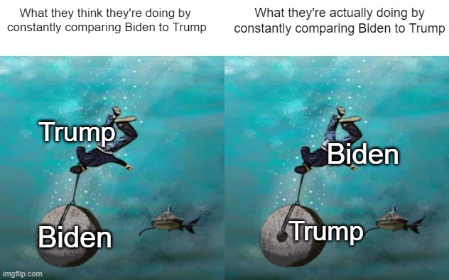 Politics for Dummies | What they think they're doing by 
constantly comparing Biden to Trump; What they're actually doing by constantly comparing Biden to Trump; Trump; Biden; Trump; Biden | image tagged in millstone around neck | made w/ Imgflip meme maker