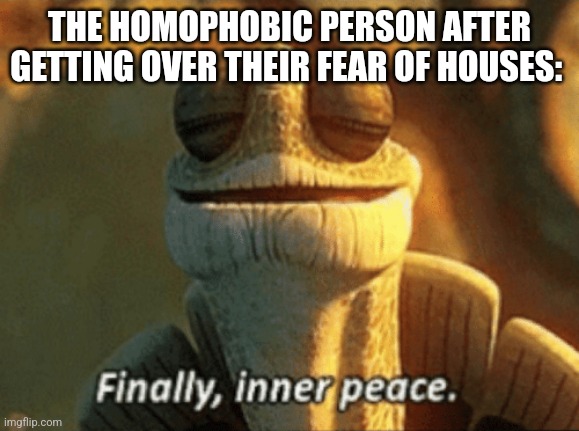 fr | THE HOMOPHOBIC PERSON AFTER GETTING OVER THEIR FEAR OF HOUSES: | image tagged in finally inner peace | made w/ Imgflip meme maker