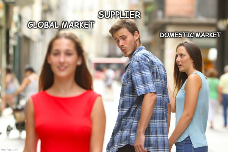 Made by Muskan Gupta | SUPPLIER; GLOBAL MARKET; DOMESTIC MARKET | image tagged in memes,distracted boyfriend | made w/ Imgflip meme maker