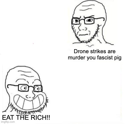 So True Wojak | Drone strikes are murder you fascist pig; EAT THE RICH!! | image tagged in so true wojak | made w/ Imgflip meme maker