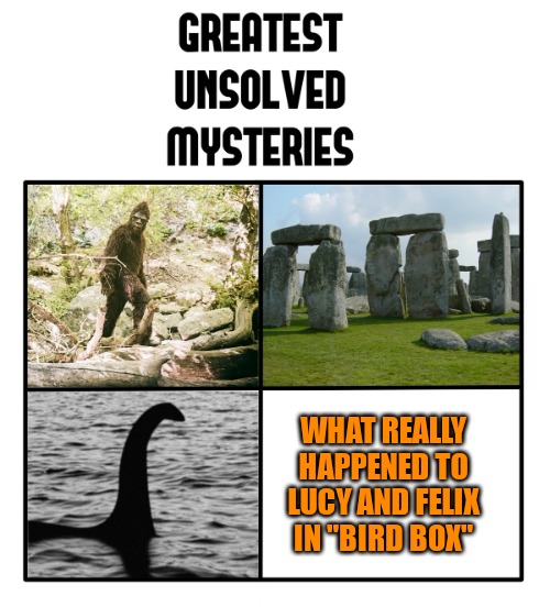 unsolved mysteries | WHAT REALLY HAPPENED TO LUCY AND FELIX IN "BIRD BOX" | image tagged in unsolved mysteries | made w/ Imgflip meme maker
