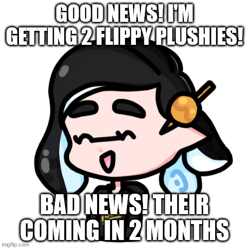splitza | GOOD NEWS! I'M GETTING 2 FLIPPY PLUSHIES! BAD NEWS! THEIR COMING IN 2 MONTHS | image tagged in spliza | made w/ Imgflip meme maker