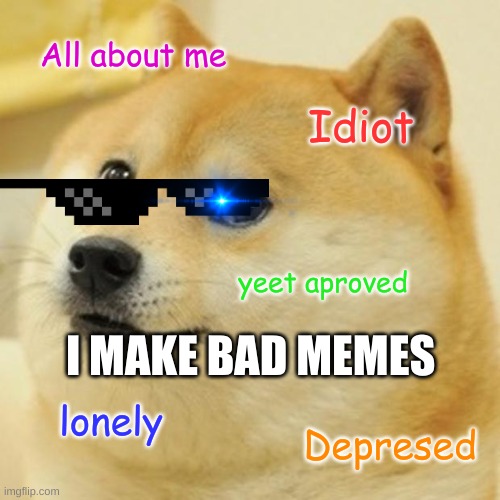 Doge Meme | All about me; Idiot; yeet aproved; I MAKE BAD MEMES; lonely; Depresed | image tagged in memes,doge | made w/ Imgflip meme maker