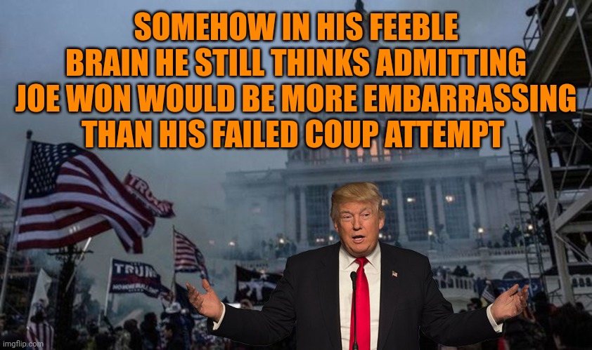 Trump logic | SOMEHOW IN HIS FEEBLE BRAIN HE STILL THINKS ADMITTING JOE WON WOULD BE MORE EMBARRASSING THAN HIS FAILED COUP ATTEMPT | image tagged in misconstrued coup | made w/ Imgflip meme maker